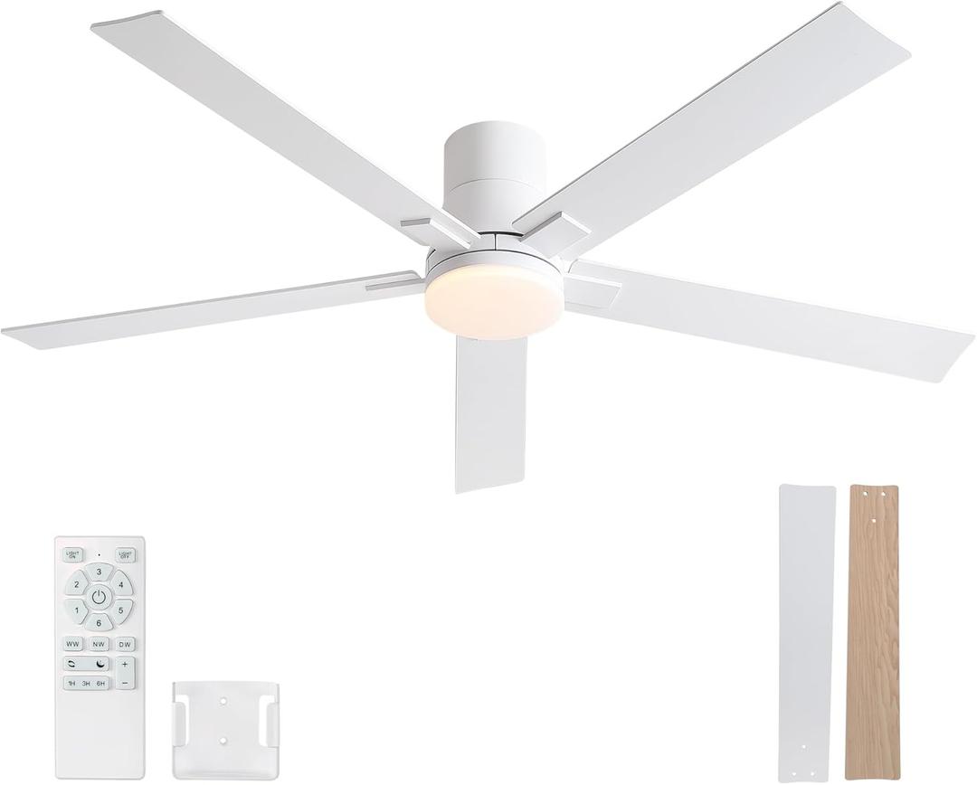 60 Inch Ceiling Fans with Lights and Remote,Flush Mount White Ceiling Fan with 5 Blades,6 Speed Reversible DC Motor,3CCT Dimmable LED-Low Profile Design for Bedroom, Living room & Covered Outdoor