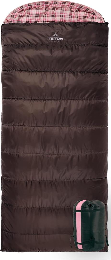 Teton Celsius Regular, 25F, 20F, 0F Degree Sleeping Bags, All Weather Bag for Adults and Kids, Camping Made Easy and Warm, Travel Sack Included (Brown & Pink)