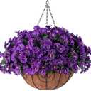 Artificial Fake Hanging Flowers Plants Basket for Outdoor Spring Summer Decoration, Faux Silk Flowers Outside Look Real Morning Glory UV Resistant for Porch Patio Balcony Garden Yard Home Purple