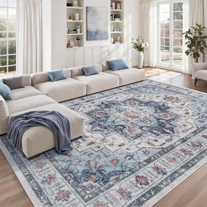 zesthome Area Rugs 9x12, Washable Rug Non-Slip Low Pile Rugs for Living Room, Bedroom, Home Decor Vintage Large Area Rug (Blue,9'x12')