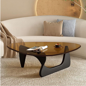 Glass Coffee Table Triangle Simple Modern Coffee Table Vintage Glass and Solid Wood Base Decor End Table for Living Room Patio Office (Black Teal, Small 32.2 * 22.4 * 16in)