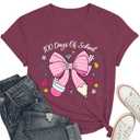 100 Days of School Shirt for Women-Happy 100th Days T-Shirt-Bow Pencil Teacher Top Tee Back to School Teaching Life Tee Red, XL