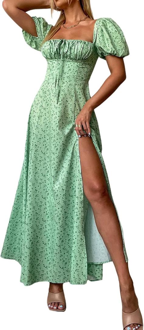 Women's Summer Puff Sleeve Floral Split Maxi Dress Flowy A Line Casual Beach Long Dresses-Green-XL