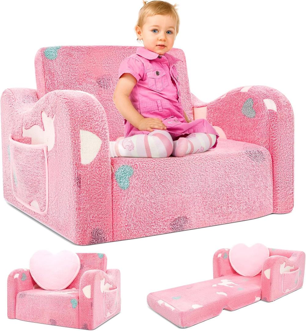 Comfy Toddler Chair and Couch for Kids,2-in-1 Soft Plush Fold Out Sofa for Playroom Pink