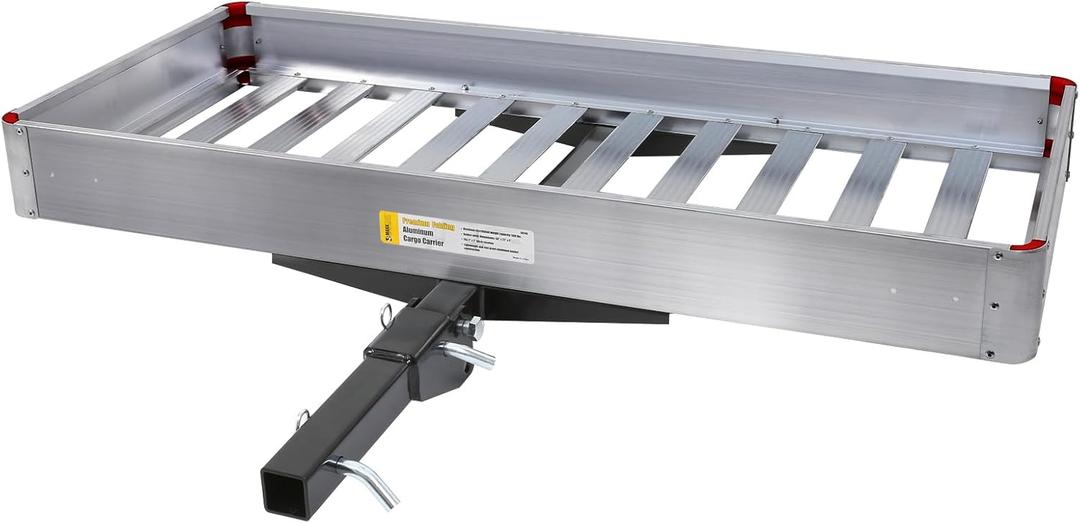 MaxxHaul 50149 500-lb Capacity 50 inch x 22 inch Hitch Mount Premium Folding Aluminum Cargo Carrier Rack Basket with High Side Rails and Reflector Lens for Added Safety