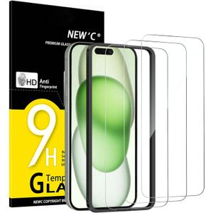 NEW'C 3 Pack Designed for iPhone 16 Plus, 15 Plus Screen Protector (6.7 inches), Enhanced Tempered Glass Protection with easy installation tool included, Ultra Resistant