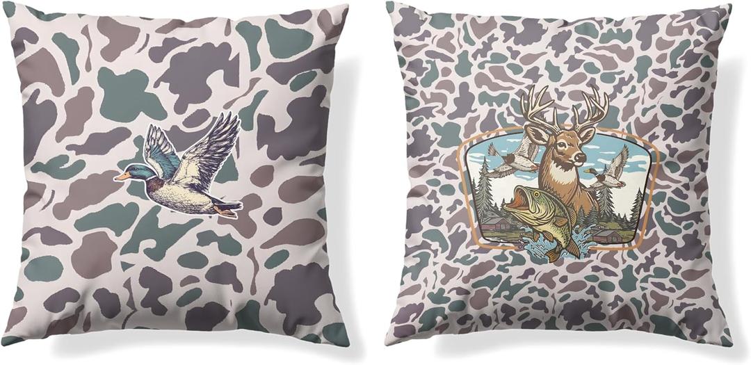Vintage Camo Mallard Duck Throw Pillow Covers 18x18 Set of 2, Deer Hunting Pillowcase, Camouflage Farm Animal Decorative Pillow Covers,Camouflage Wild Animal Decor,Camo Deer Decor