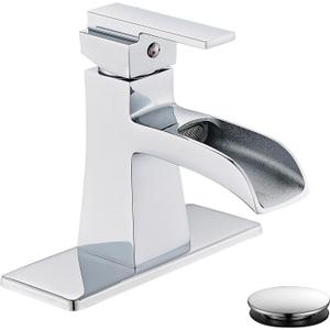 Chrome Waterfall Bathroom Faucet, One-Handle Bathroom Faucets for Sink 1 or 3 Hole, Chrome Vanity Faucet, Single Hole Restroom Sink Faucet with Pop Up Drain