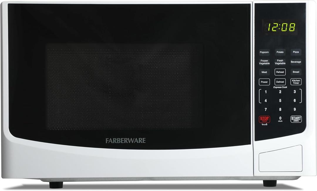 Farberware 0.9 Cu. Ft. Countertop Microwave Oven  900W Power, Auto Cook Settings, Defrost, and Safety Lock  White