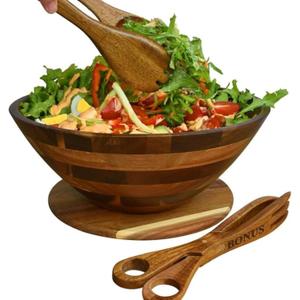 Premium Acacia Wood Salad Bowl Set  12.5 Large Wooden Serving Bowl with Servers & Base Plate, 5-Piece Set