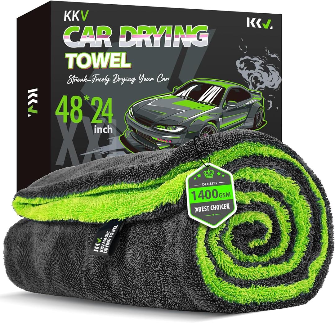 KKV Full-Sized SUV Drying Towel, 48"x24" Dual Sided Microfiber Car Cleaning Towel with Twisting Yarn Technique, 1400GSM Super Absorbent, Scratch-Free, Machine Washable (Darkgray-GreenYellow)
