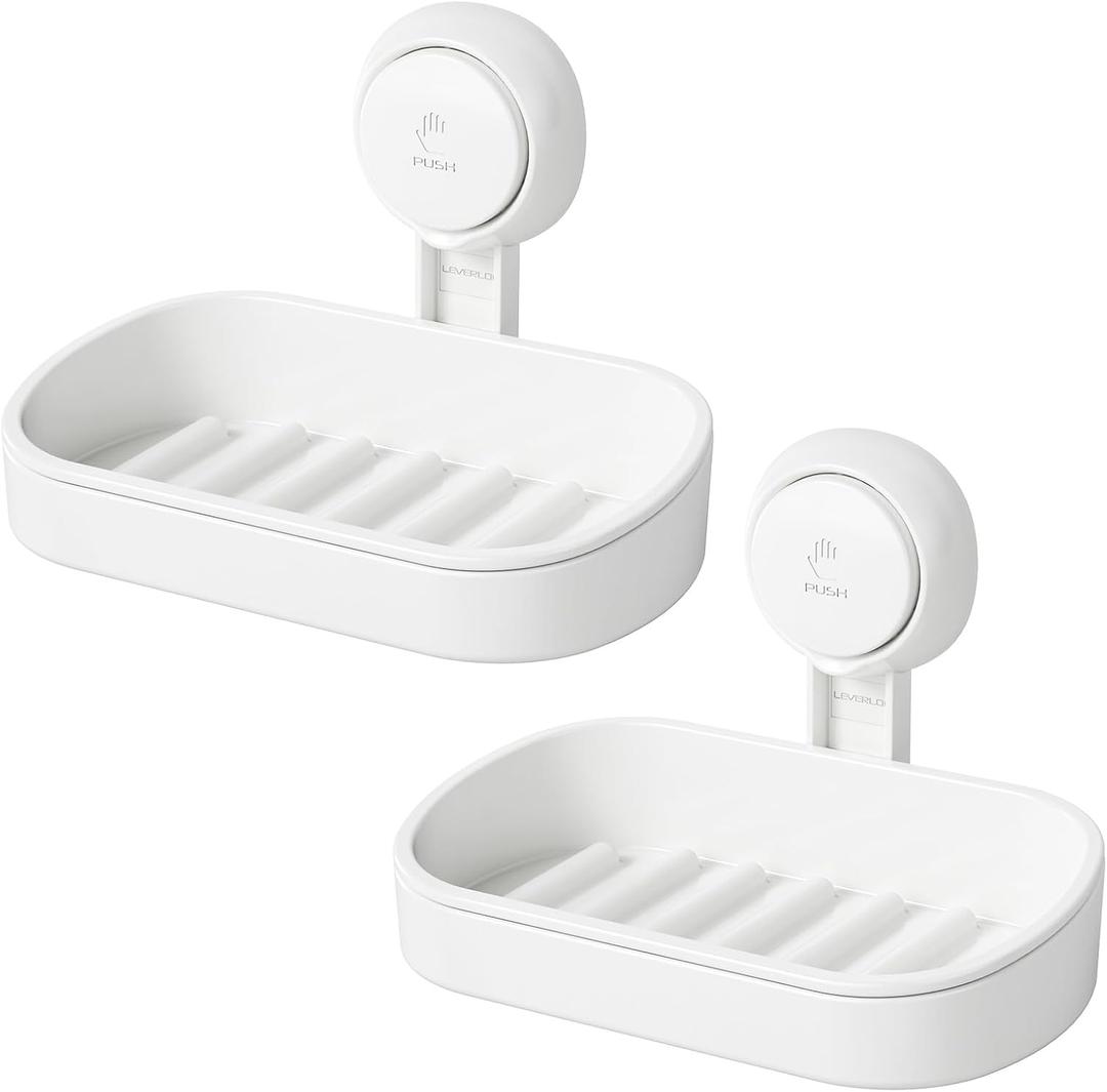 LEVERLOC Soap Holder Suction Cup for Shower, 2 Pack Bar Soap Dish Holder for Shower Wall Mounted NO-Drilling, Plastic Self Draining Removable Vacuum Suction for Bathroom Bathtub Sink