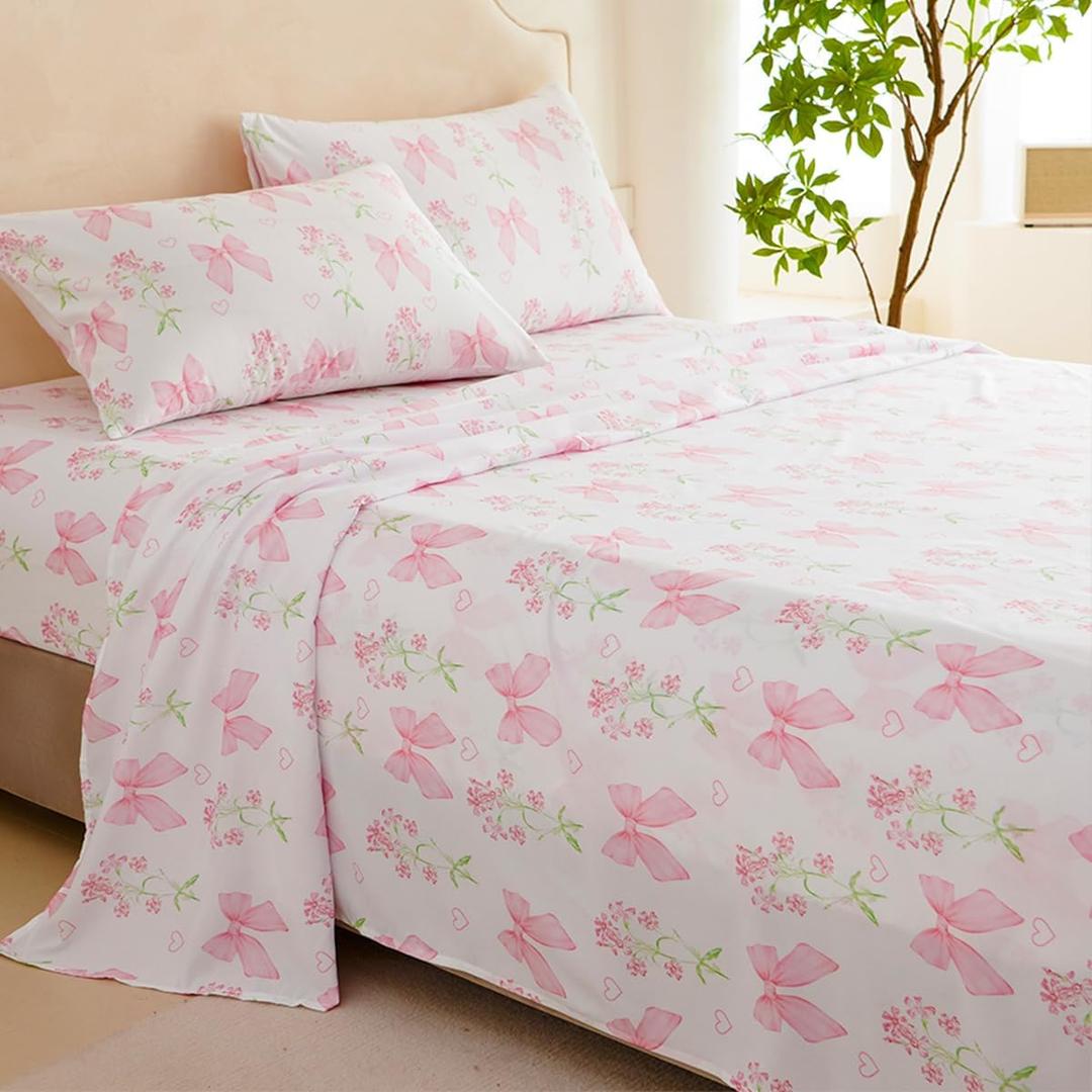 Bow Sheet Set Twin for Girls Kids Pink Floral Fitted Sheet Set Soft Microfiber Fitted Flat Sheets & Pillowcases - Princess Style Bowknot Bedding Sets Toddlers 3 Pieces Cute Sweet Bed Set