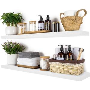 BGMG Wood Floating Shelves 36 inch Long, Wide Rustic Wooden Wall Shelves for Bathroom Living Room Bedroom Kitchen Farmhouse Set of 2-36x6.7x1.25 inch-White