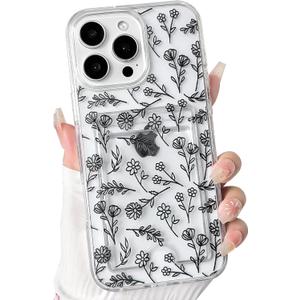 NITITOP Compatible with iPhone 16 Pro Case Clear with Card Holder Cute Floral Flower Leaves Design for Women Girls Slim TPU and Hard Back Bumper Wallet Shockproof Protective Cover - Black