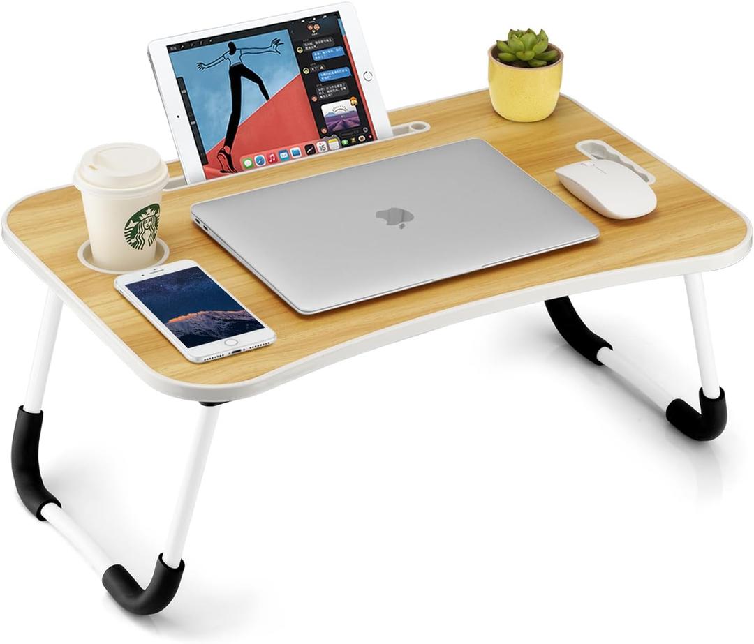 FISYOD Foldable Laptop Table, Portable Lap Desk Bed Table Tray, Laptop Stand with Cup Holder & Tablet Slot & Lifting Handle for Working Writing Drawing & Eating (Wood)