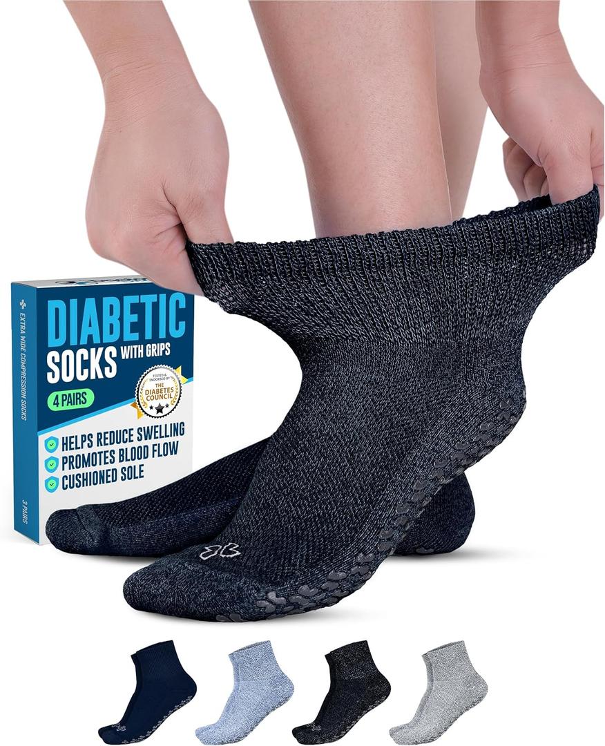 Doctor's Select Diabetic Ankle Socks with Grippers for Men and Women - 4 Pair 1/4 Length Neuropathy Socks for Women (Large, Blue/Gray Pack - 4 Pairs)