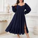 SCOMCHIC Womens Plus Size Wedding Guest Cocktail Dress Sweetheart Neckline Long Sleeve Smocked Ruffle Slit Maxi Dresses (Blue, XXXL)