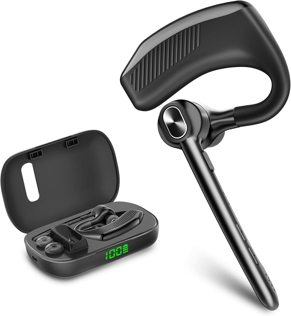Bluetooth Headset Wireless Earpiece Microphone 180H Playtime 1000mAh Wireless Charging Case Handsfree Single Ear Headset LED Display for iPhone Android Cellphones PC Computer Trucker Drivers Work Game