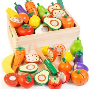 Wooden Play Food for Toddlers, Fruit and Veggies Cutting Set for Kids, Pretend Food Play Kitchen Accessories for 3 4 5 6 7 Years Old Boys & Girls