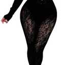 Womens Sexy Lace Mesh Jumpsuit Rhinestone Hollow Long Sleeve One Piece Bodysuit Club Party Outfits (Black) L/XL