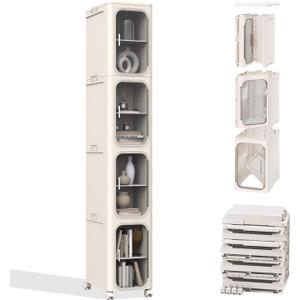 50"x13.39" Slim Tall Beige Bathroom Cabinet Narrow Storage for Small Spaces | with Doors and Shelves,Movable Skinny Organization