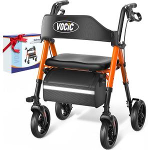 VOCIC Walkers for Seniors, Z21 Rollator Walker with Seat Supports 350lb, 8" Big Wheels for All Terrain, Ergonomic Arc Seat & 6" Ultra Backrest Foldable Walker, Dual Height Adjustment, Lightweight 2025 (Orange)