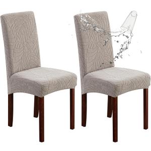 Genina 100% Waterproof Chair Covers for Dining Room Set of 2, Large Dining Room Chair Covers Protectors Stretch Kitchen Parson Chair Slipcovers for Home, Restaurant (Large, Leaves-Warm Gray)