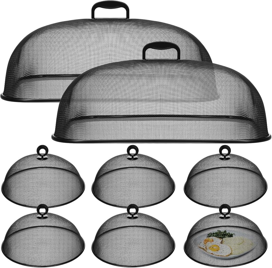 Hicarer 8 Pcs Metal Mesh Screen Food Cover for Outdoors Set Including 2 Pcs Extra Large 18.5 in Mesh Food Tents for Outdoor 6 Pcs 11 in Large Dome Picnic Food Covers Mesh Food Covers (Black)