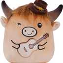 Highland Cow Stuffed Animal, 8 Inch Cute Country Cow Plush Toy with Guitar and Cowboy Hat, Soft Kawaii Plushie Pillow Gifts for Kids Boys Girls, Farm Animal Decor for Christmas Birthday Holiday