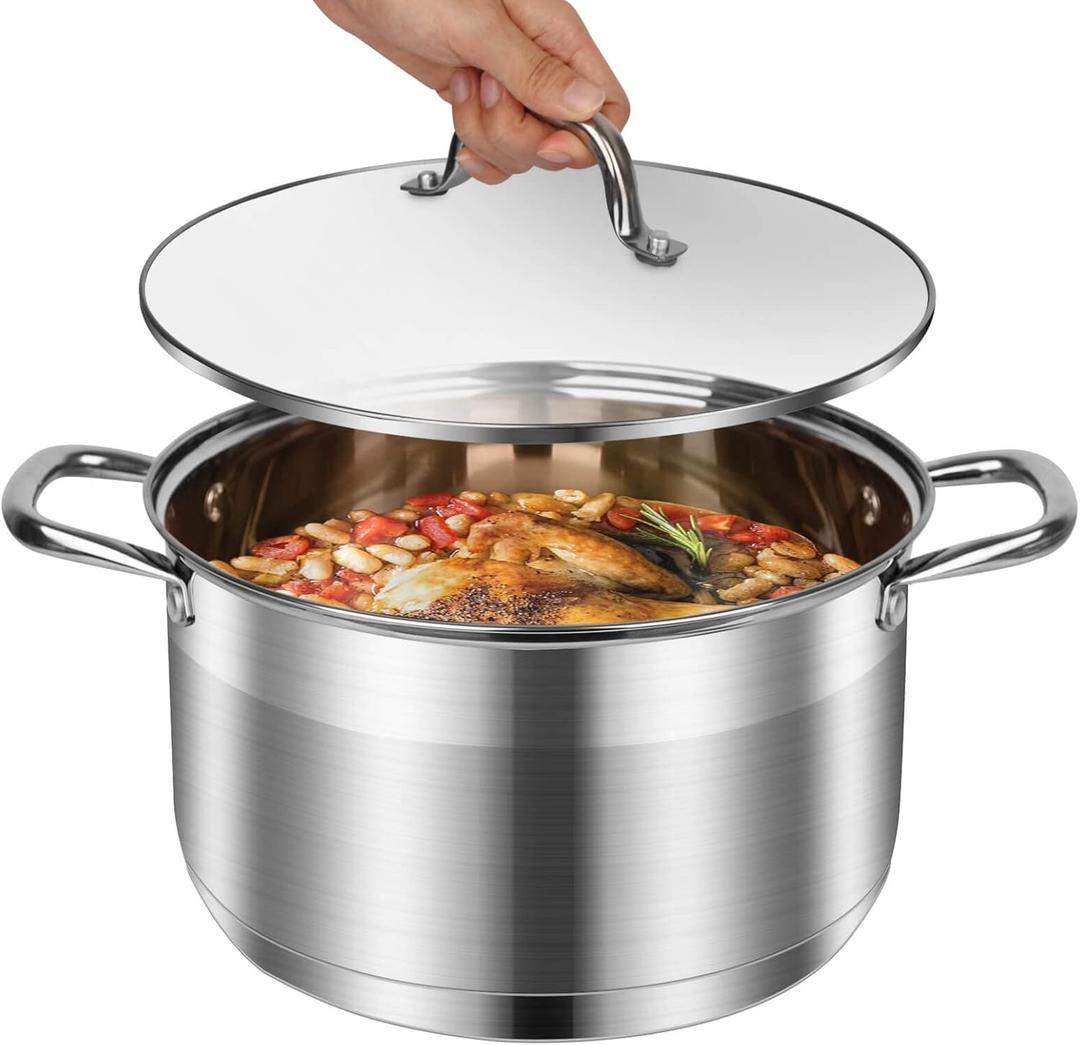 10-Quart Stainless Steel Soup Pot with Lid  Large Stockpot for Pasta, Boiling, and Soup Making  Induction Compatible, Dishwasher Safe  Heavy Duty Kitchen Cookware