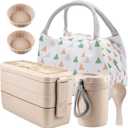 Iteryn Stackable Bento Box with Lunch Bag, 3 Compartment Japanese Lunch Containers, Wheat Straw, All-in-1 Bento Lunch Box Kit for Adult Meal Prep Lunch Snack (Beige)