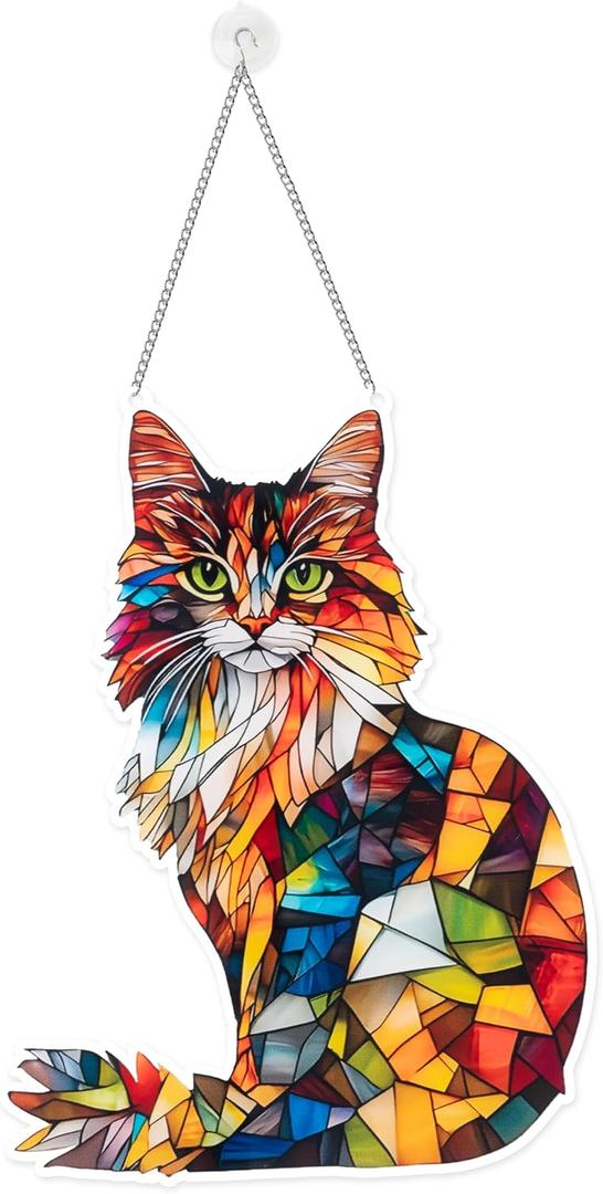 Cat Window Hanging Decor Suncatcher - Colorful Maine Coon Cat Acrylic Hanging Ornament Wall Art Pendant for Kitchen Room Garden Office Decoration Pet Lovers Birthday Favor Housewarming Gifts