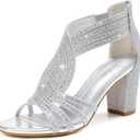 Gufobela Heels for Women Chunky Rhinestone Block Heeled Sandals Sparkly Open Toe Formal Dressy Shoes Wedding Prom Homecoming Hoco (1122 Silver 7)