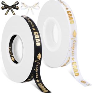 2 Rolls 50 Yards 2026 Graduation Ribbon 3/8 Inch Black White Congrats Grad Gold Stain Ribbon for Gifts Wrapping Bouquet Hair Bow Leis Accessory Crafting Sewing Graduation Decoration