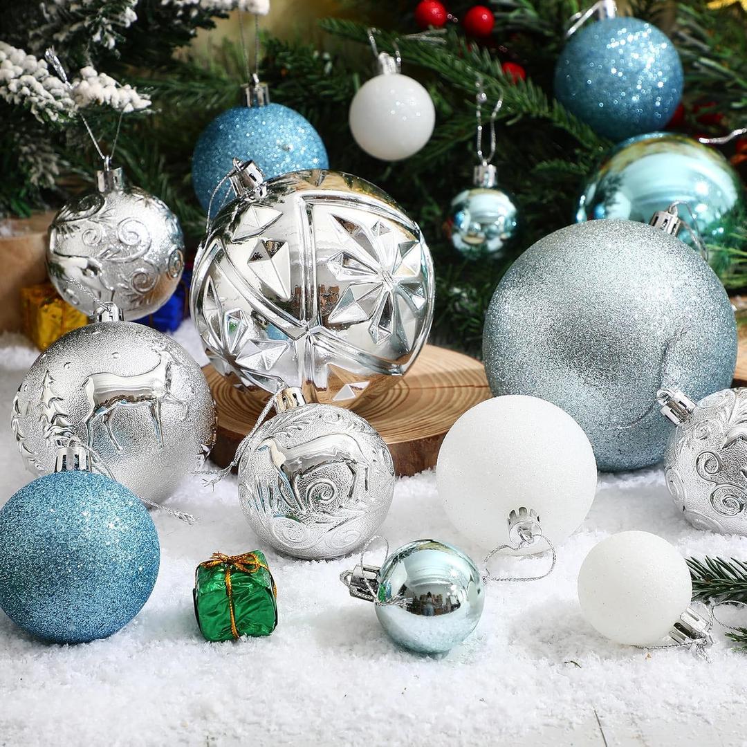 Soulchen 32 Pcs Christmas Ball Ornaments Set, 4", 3.15", 2.36", 1.57" Shatterproof Christmas Tree Hanging Ornament Plastic Ball Decoration for Holiday Xmas Tree Decor (Blue,Silver,White)