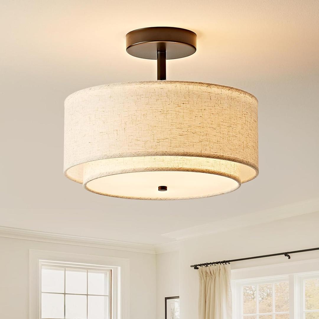 12.6'' Drum Semi Flush Mount Ceiling Light, 3-Light Fabric Linen Shade Design Farmhouse Black Light Fixture for Living Room, Bedroom, Kitchen, Dining Room, Entryway, Hallway