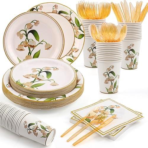 Rabbit Dance 168PCS Scandinavian lily of the valley plant round plate 9inch disposable dinner plate 7inch western dessert cake plate with Napkins,Forks for Wedding, Birthday Party