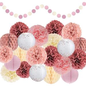 EpiqueOne 22-Piece Tissue Paper Pom Poms Party Set - Pink, Rose, Mauve & Cream | Includes 12 Pom Poms, 5 Paper Lanterns, 4 Honeycomb Balls & 1 6.5 ft. Garland | For Birthdays, Baby Showers & More