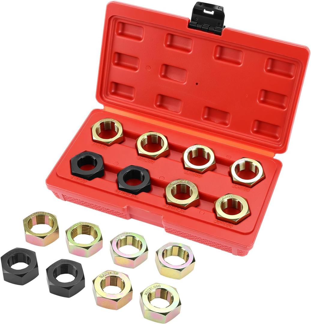 QWORK Axle Spindle Rethreading Tool Set, 8 Die Sizes, Compatible with 1-1/4" Socket/Wrench, for Vehicle Axle Thread Repair & Maintenance, Durable Storage Case