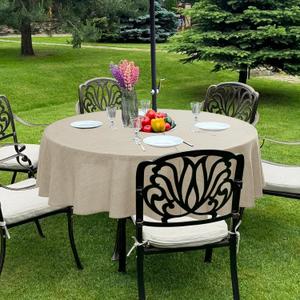 Outdoor Tablecloth with Umbrella Hole - Patio Table Cloth Zippered Round 60 Inch, Linen-Look Polyester Table Cover Water Resistant for Picnic Outside, Natural Color