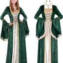 Mepase Women Renaissance Velvet Dress Medieval Costume with Rhinestone Tiaras Crowns Irish Dresses Halloween Gothic Cosplay (Medium, Green)