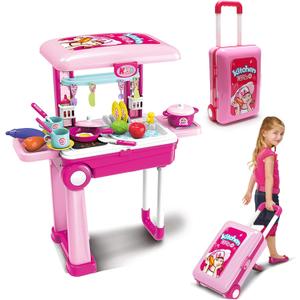2-in-1Travel Luggage Turn into Play Kitchen, Kids Kitchen Playset Toys with 25+Play Food for Toddelers, Girls and Boys, Pretend Play, 25" H x 9.8" W x 20.8" L, 20.86" X 9.64" X 24.8"