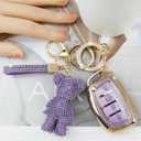 Cute Key Fob Cover with Rhinestone Bear Charm, Bling TPU Smart Key Case for Women, Compatible with Hyundai Santa Fe Santa Fe Sport Sonata Sonata Sport (4-Button, Gold Purple)