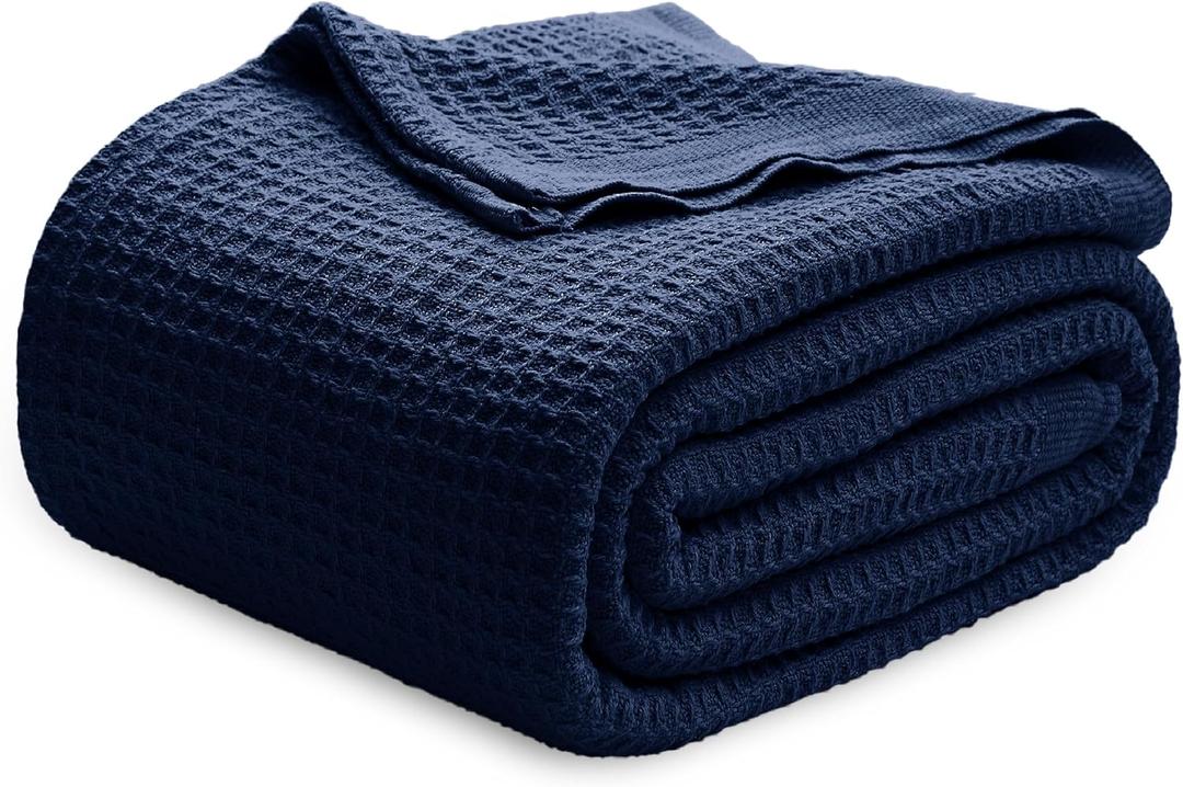 Bedsure 100% Cotton Blanket Queen Size for Bed - Breathable and Soft, Waffle Weave Blanket for Summer Spring, Pageant Blue, 90x90 Inches