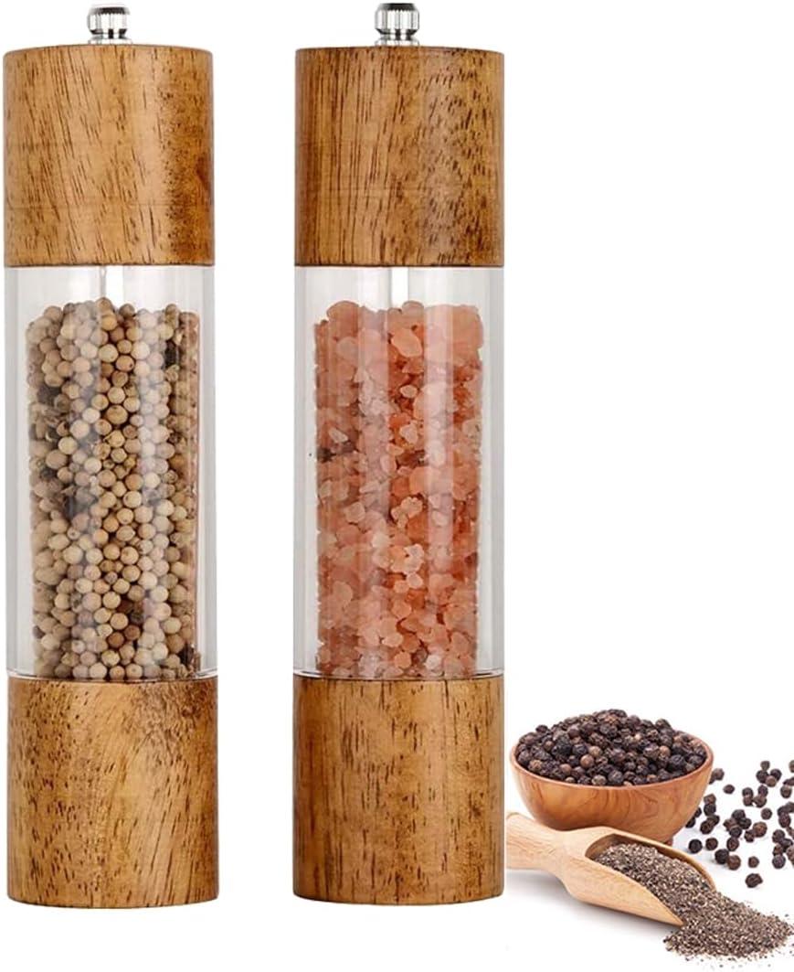 Pack of 2 Salt and Pepper Grinder Set, Wooden Salt and Pepper Shakers, Adjustable Pepper Grinder and Salt Grinder for Coarse and Fine Grinding, Pepper Mill Grinder-8 Inches (8 Inches)