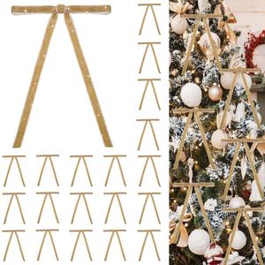 24 PCS Velvet Bows Christmas Ornaments Decorations, Sparkly Glittery Gold Khaki Velvet Christmas Tree Bows Decor, Unique Vintage Elegant Xmas Home Holiday Decor for Tree Mantle Wreath Gift Wrapping