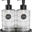 MASADI Soap Dispenser Set with Bamboo Tray, Dish and Hand Soap Lotion Dispenser Set with Wooden Pump for Kitchen and Bathroom Decor for Counter, Modern Vintage Liquid Soap Dispensers (Clear&Black)