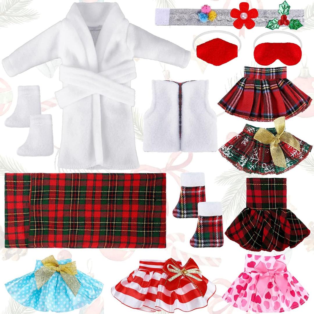 Sumind 14 Pieces Christmas Doll on Clothes Accessories Outfits Set Including Skirts, Bathrobe, Sleeping Bag, Fluffy Vest, Shirt, Scarf, Eye Cover and Boots for Xmas Doll Decor(Cute Style)