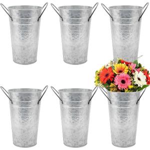 MANCHAP 6PCS 8 Inch Tall Galvanized Flower Bucket, Silver Vintage Flower Vases for Wedding, Table Decoration